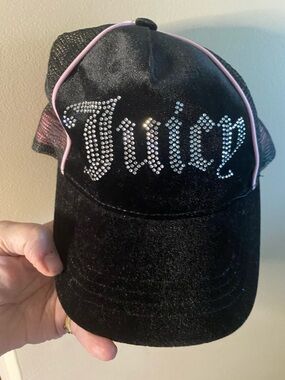 Juicy Couture Black Velvet Rhinestone Logo Cap with Pink Piping